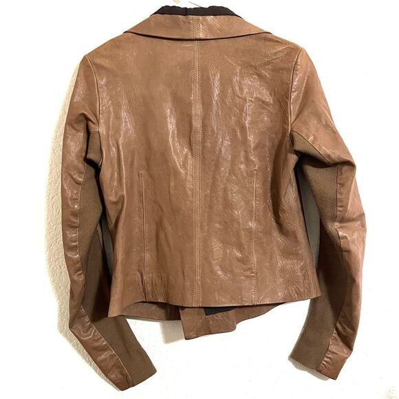 June Brown Leather Biker Moto Jacket Coat Wool Blend Knit Sleeve Size M - Picture 2 of 15
